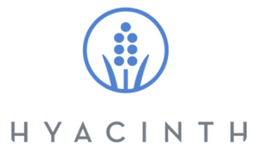 Logo of Hyacinth with a blue circular design featuring plant elements on a white background.