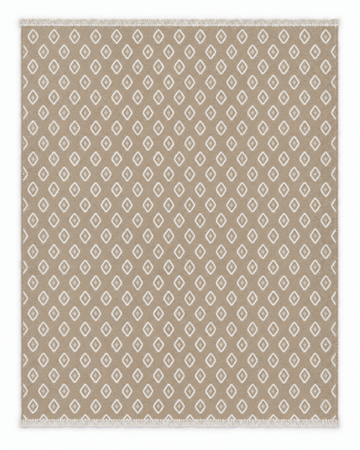 Champagne Supernova Two Hues rug with white geometric motifs on taupe