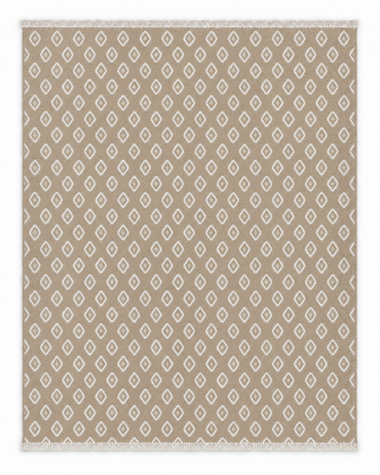 Champagne Supernova Two Hues rug with white geometric motifs on taupe