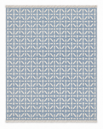 Danton Two Hues rug with white geometric dash pattern on dusty blue