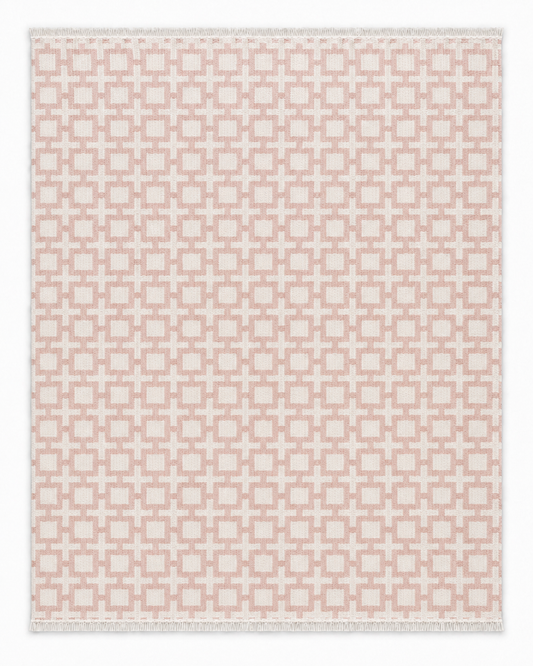 Margot Two Hues rug with blush pink square lattice on white