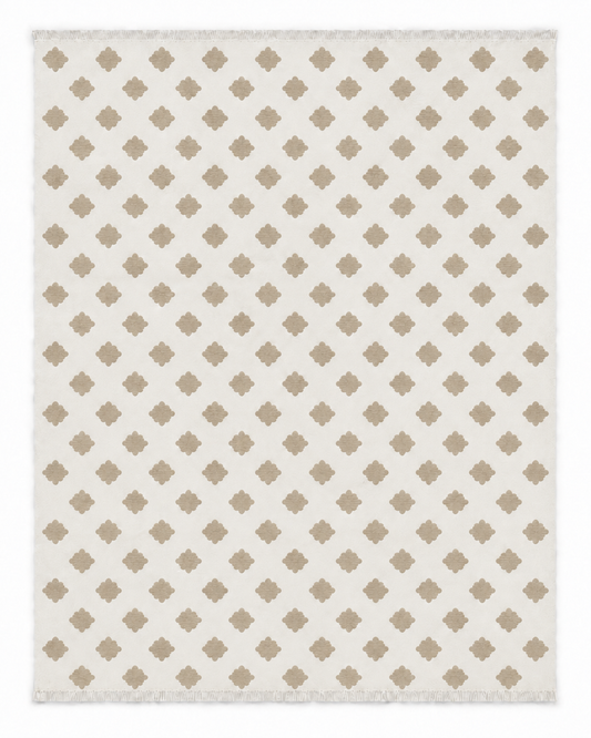 Marlowe Two Hues rug with small taupe scalloped motifs on white