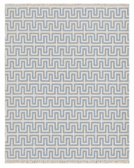 Miramar Two Hues rug in pale blue and ivory with natural wool fringe
